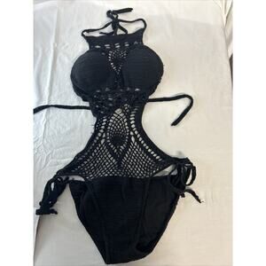 Vintage Crochet Swimsuit Black Boho Cottage Core Adjustable Tie Size Small EUC